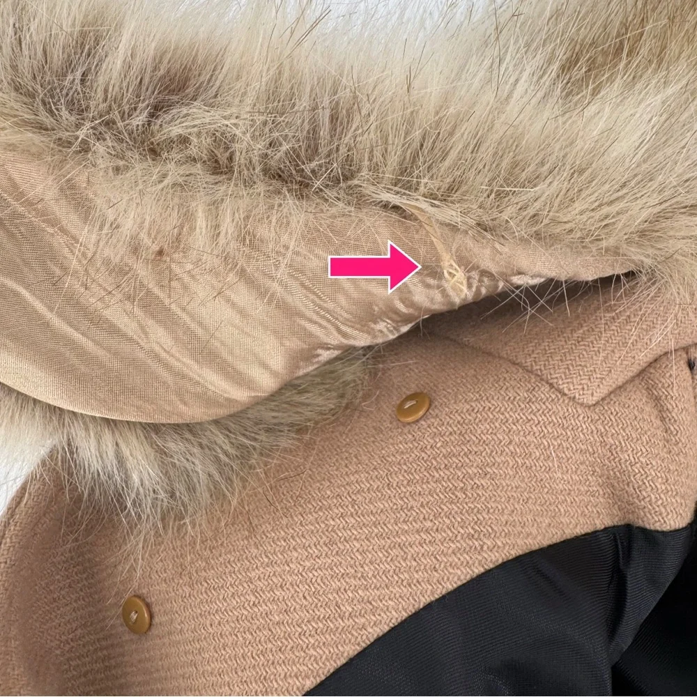 Zara Wool Blend Mid Length Coat Size M Faux Fur Removable Collar Camel Tan - Picture 16 of 17